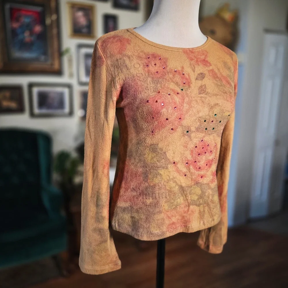 213 Floral Long Sleeve Top Tan Pink Rhinestone Vintage Y2K‎ Fairycore Grunge S